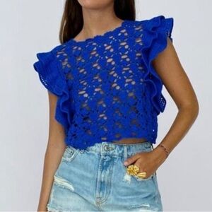 Zara Crochet Knit Tank Top With Ruffle Sleeves Cotton Blue Small Sleeveless NWT